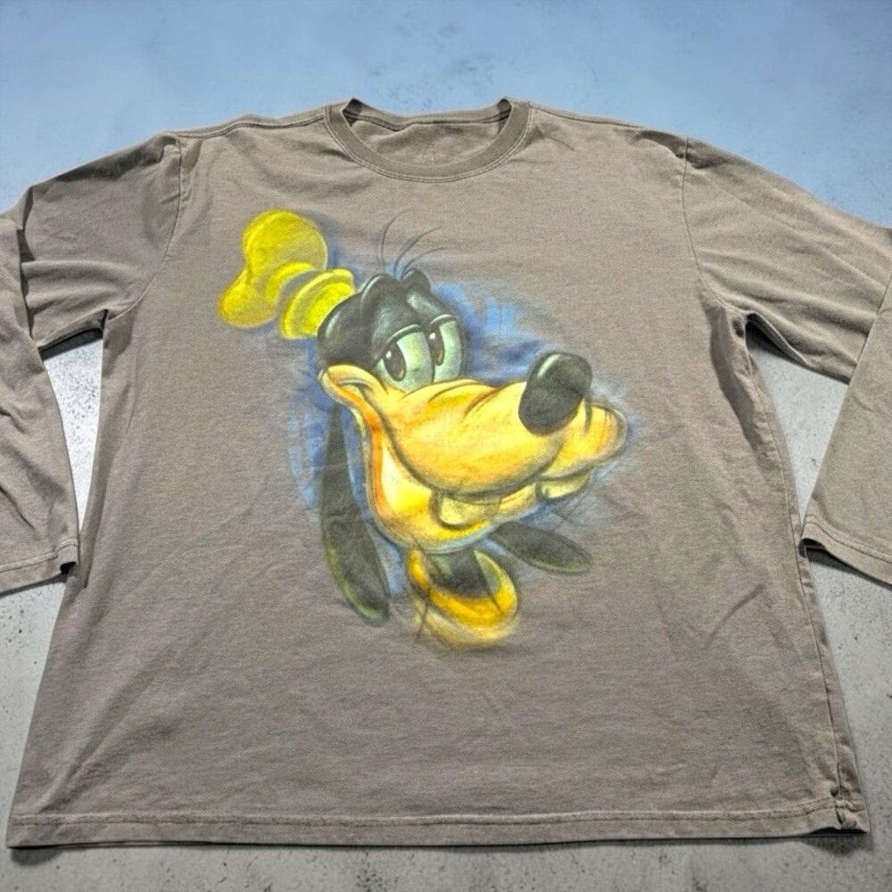 Disney Store Goofy Shirt Mens LARGE Gray Long Sleeve Airbrush Graffiti Style Tee